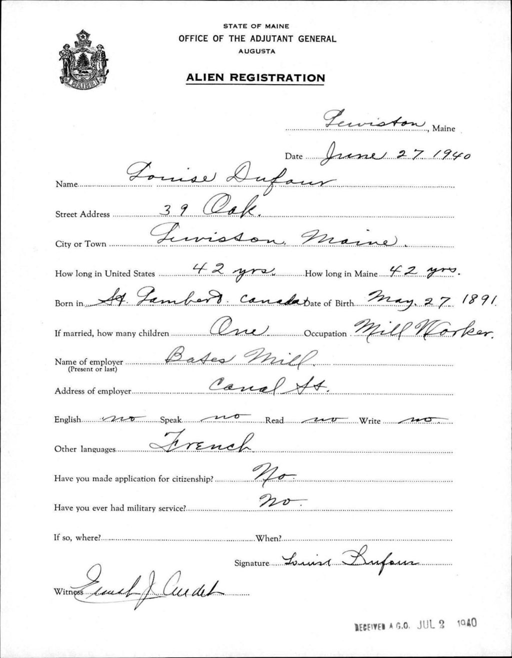 Miniature of Alien Registration- Dufour, Louise (Lewiston, Androscoggin County)