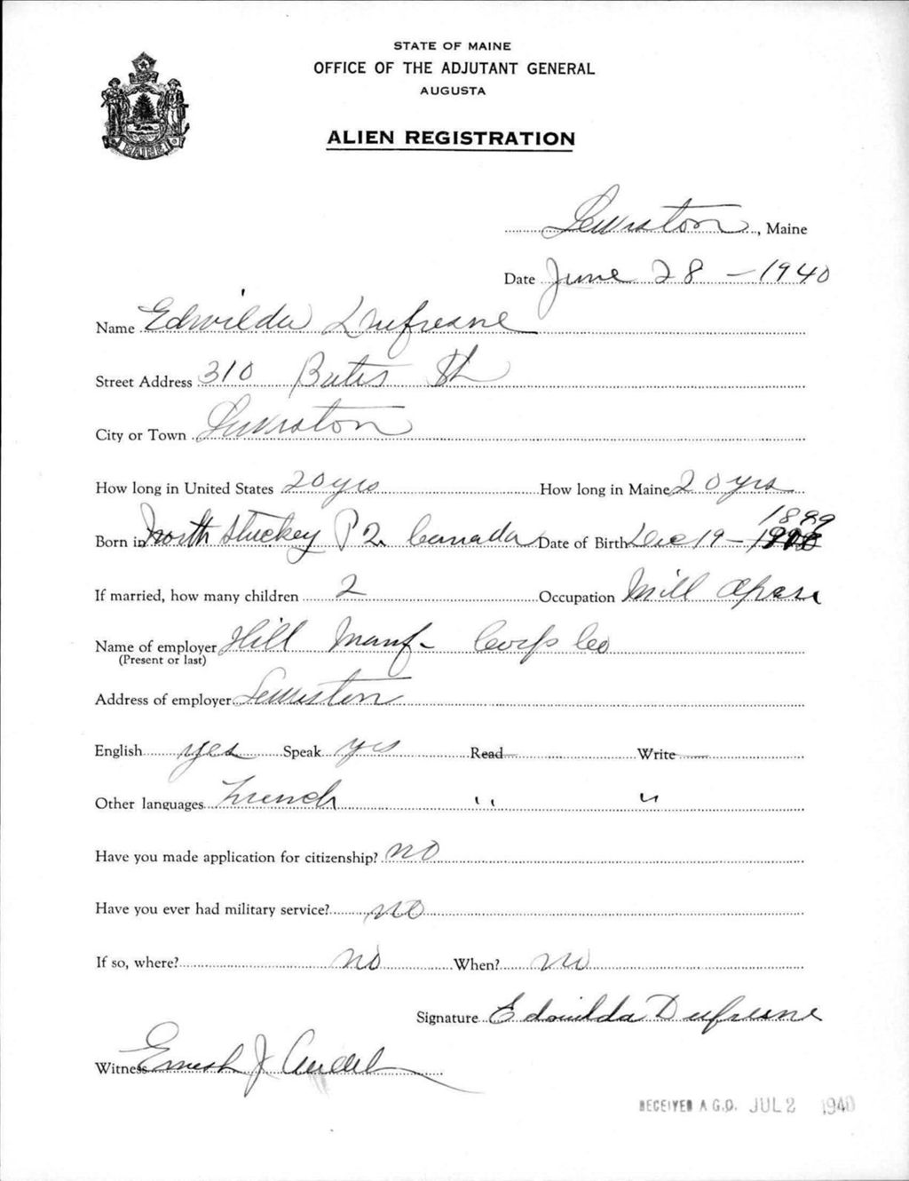 Miniature of Alien Registration- Dufresne, Edwilda (Lewiston, Androscoggin County)