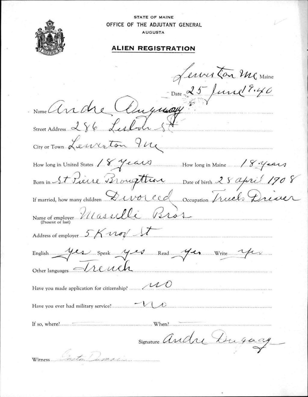 Miniature of Alien Registration- Duguay, Andre (Lewiston, Androscoggin County)
