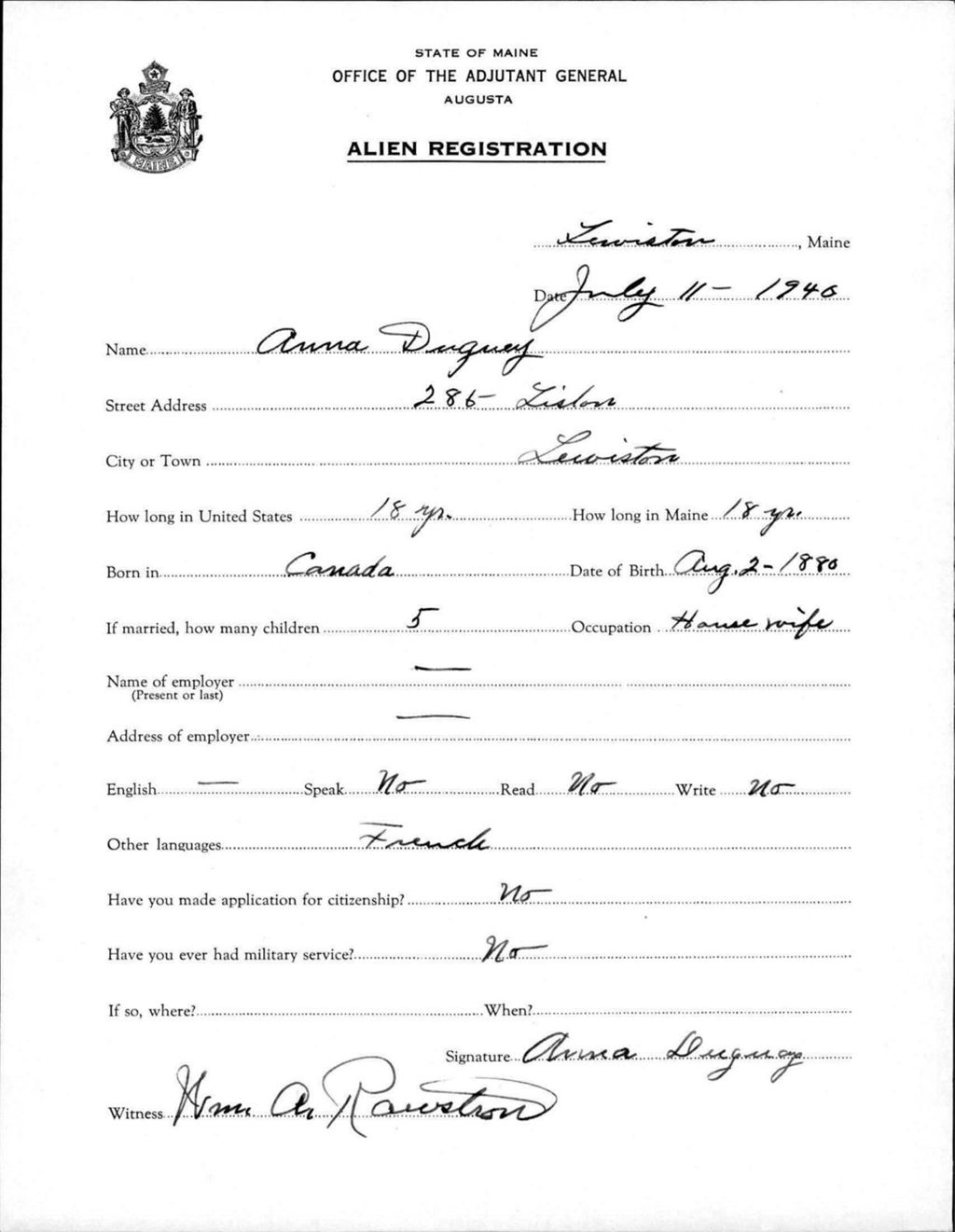 Miniature of Alien Registration- Duguay, Anna (Lewiston, Androscoggin County)