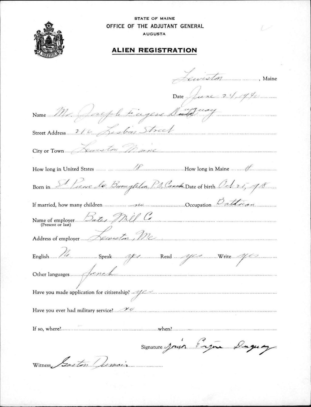 Miniature of Alien Registration- Duguay, Joseph F. (Lewiston, Androscoggin County)