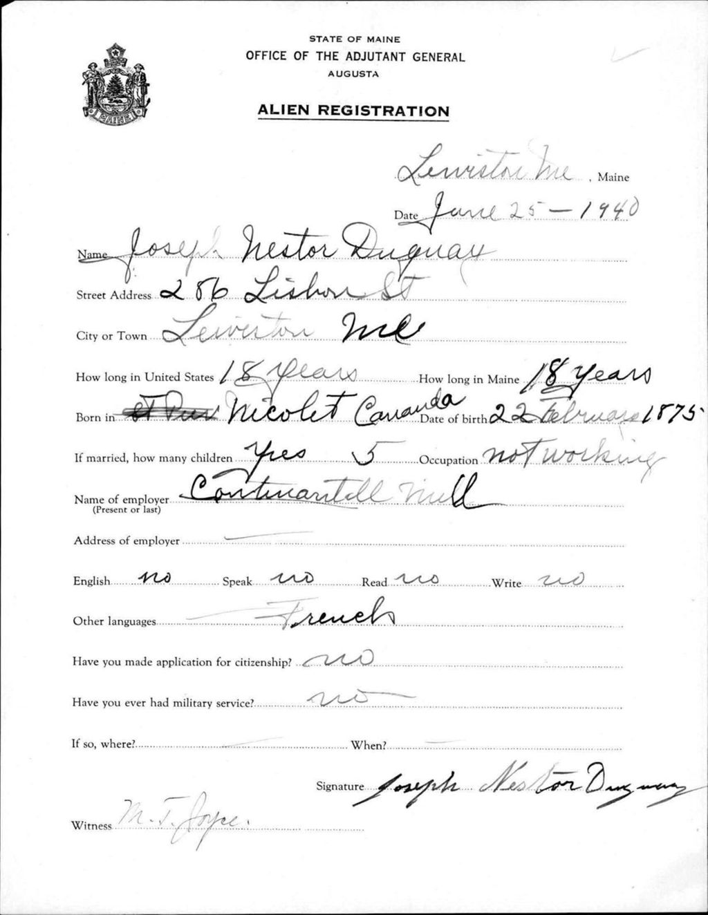 Miniature of Alien Registration- Duguay, Joseph N. (Lewiston, Androscoggin County)