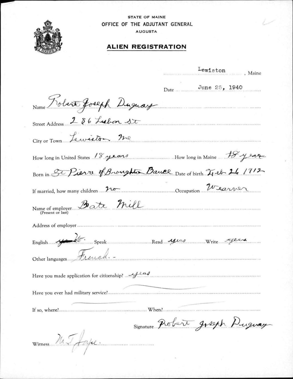 Miniature of Alien Registration- Duguay, Robert J. (Lewiston, Androscoggin County)
