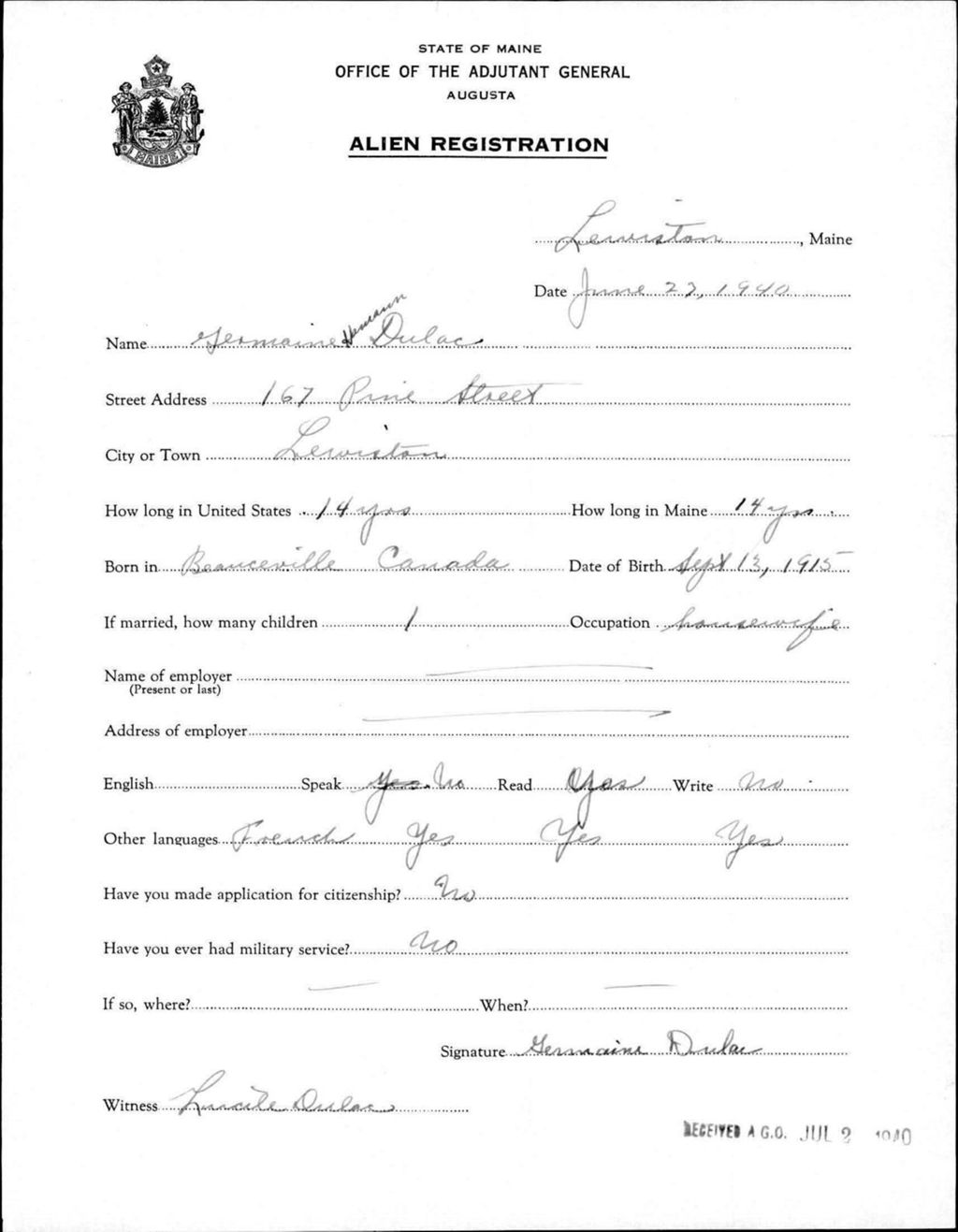 Miniature of Alien Registration- Dulac, Germaine H. (Lewiston, Androscoggin County)