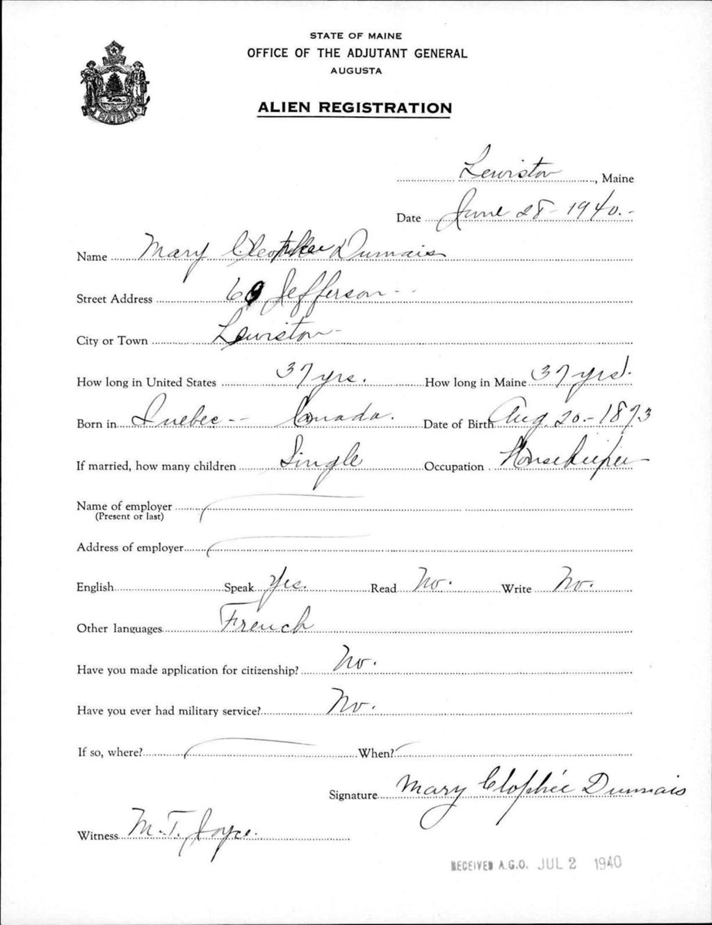 Miniature of Alien Registration- Dumais, Mary C. (Lewiston, Androscoggin County)