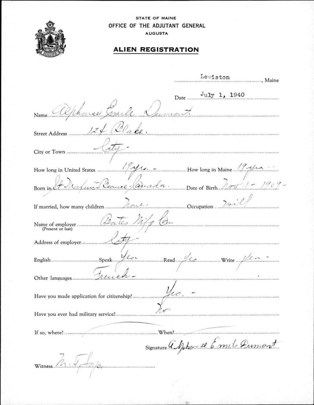 Miniature of Alien Registration- Dumont, Alphonse E. (Lewiston, Androscoggin County)