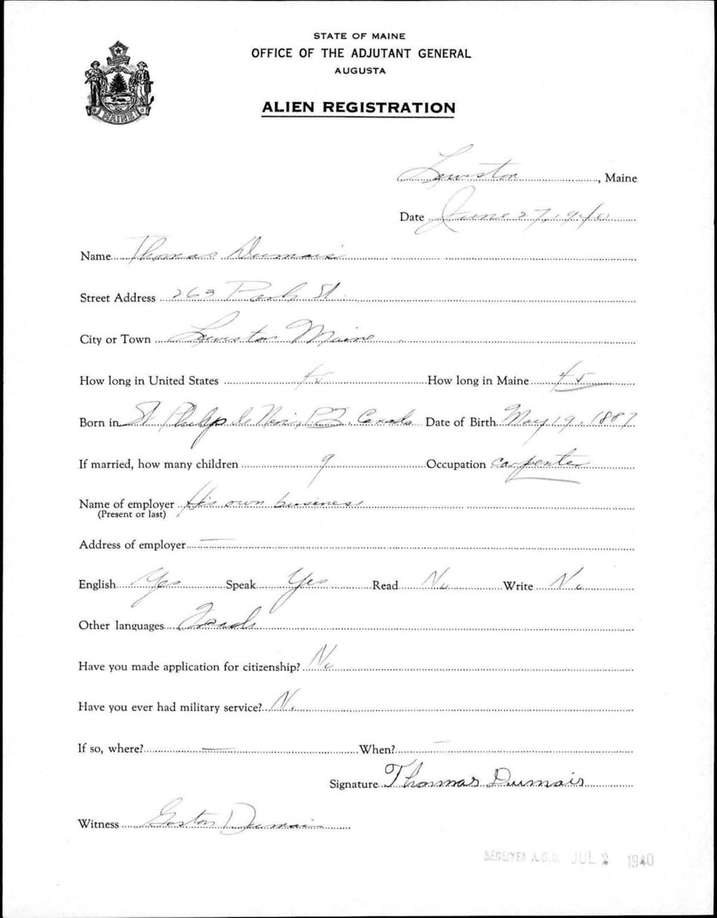 Miniature of Alien Registration- Dumais, Thomas (Lewiston, Androscoggin County)