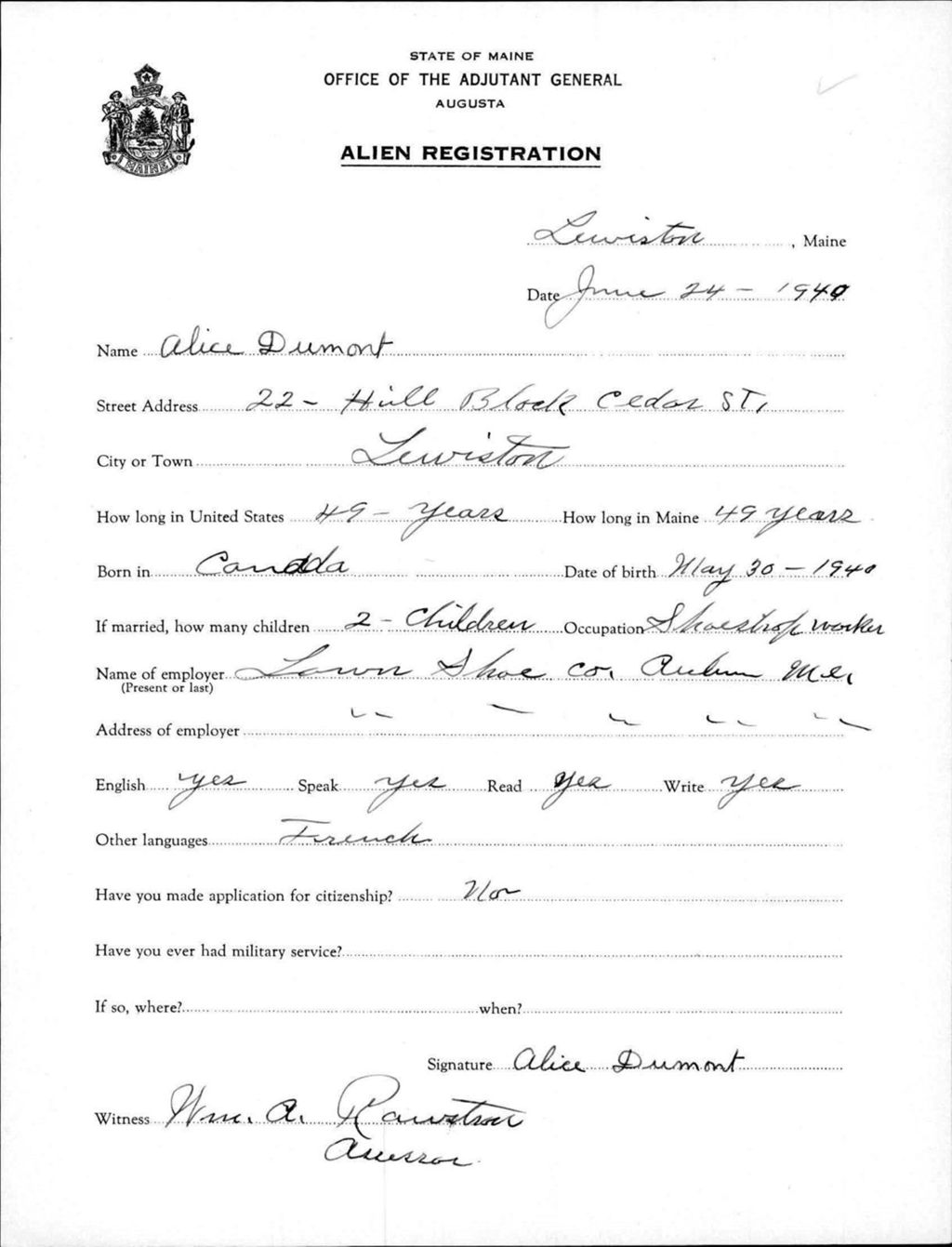 Miniature of Alien Registration- Dumont, Alice (Lewiston, Androscoggin County)