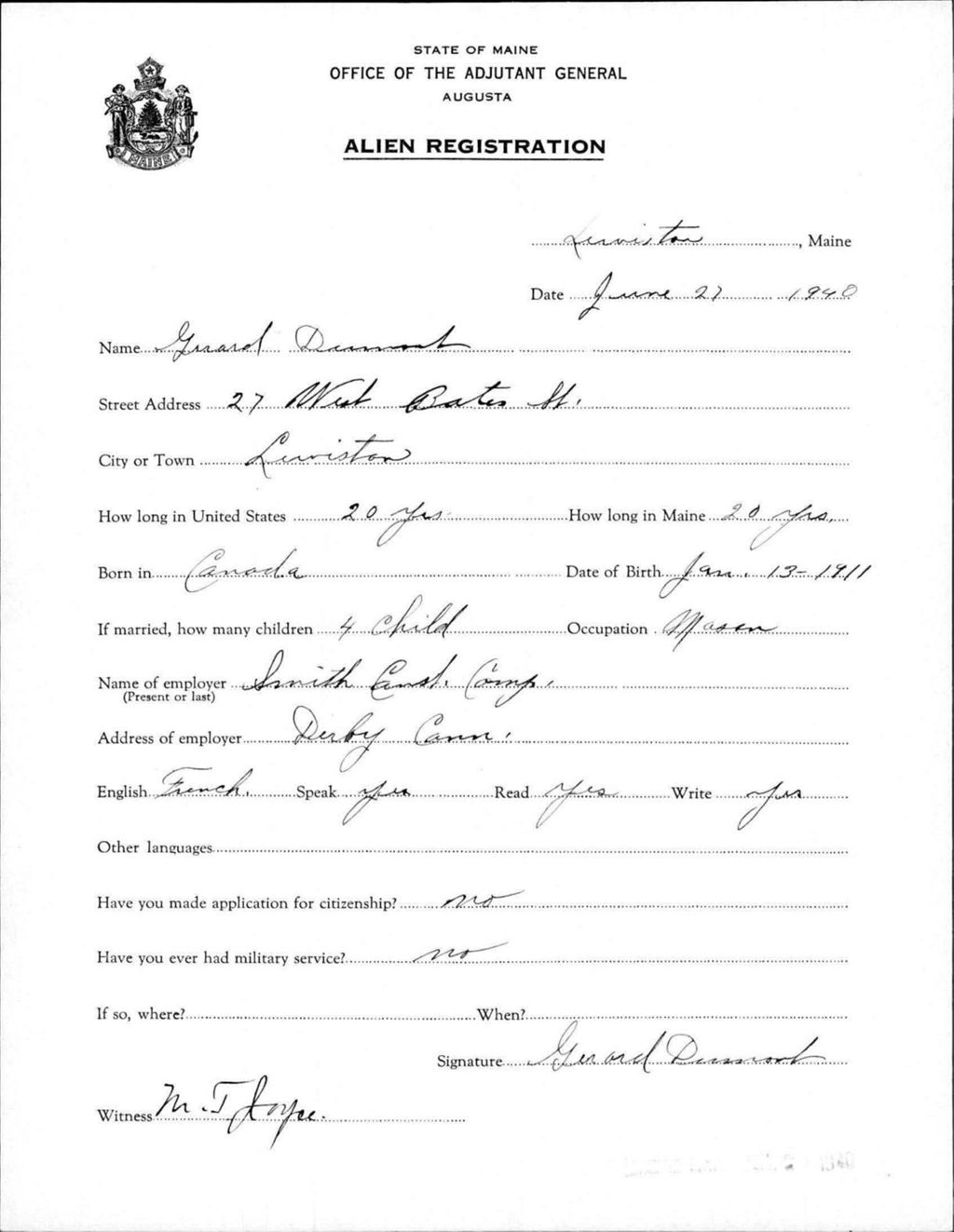 Miniature of Alien Registration- Dumont, Gerard (Lewiston, Androscoggin County)