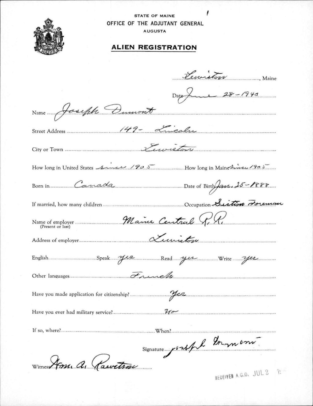 Miniature of Alien Registration- Dumont, Joseph (Lewiston, Androscoggin County)