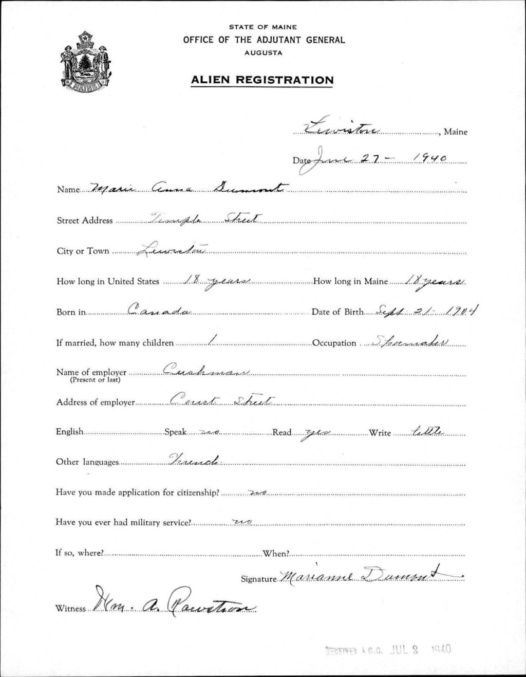 Miniature of Alien Registration- Dumont, Marie A. (Lewiston, Androscoggin County)