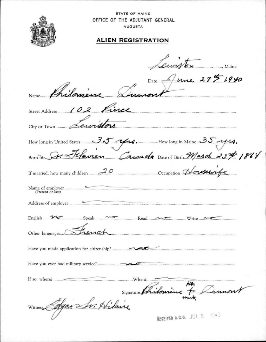 Miniature of Alien Registration- Dumont, Philomine (Lewiston, Androscoggin County)