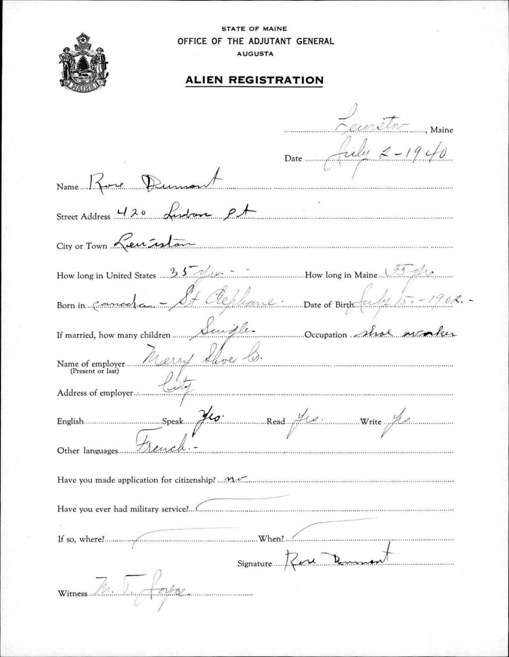 Miniature of Alien Registration- Dumont, Rose (Lewiston, Androscoggin County)