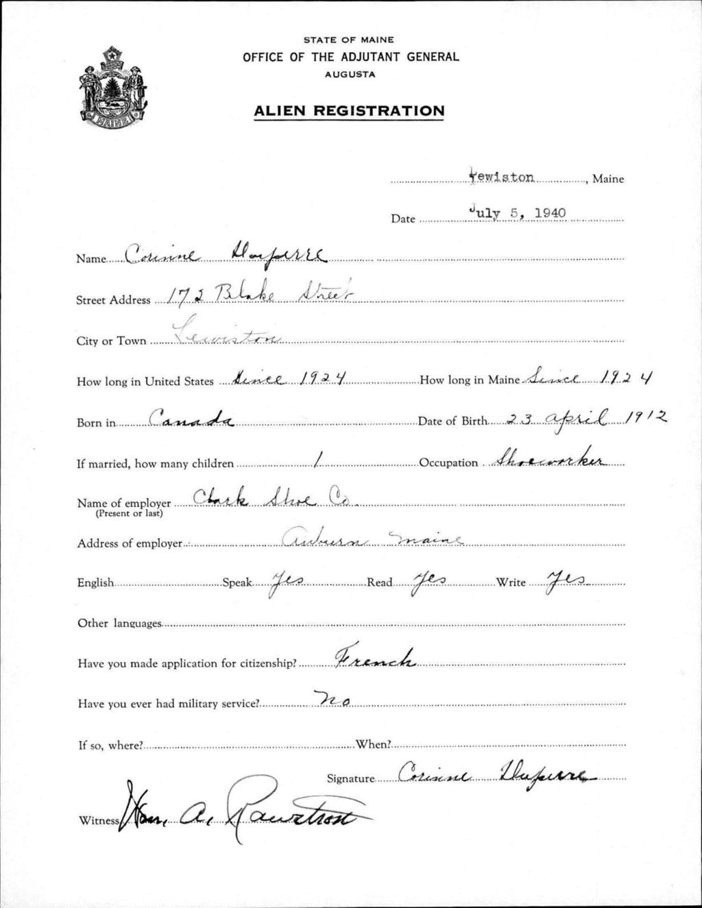 Miniature of Alien Registration- Dupierre, Corinne (Lewiston, Androscoggin County)