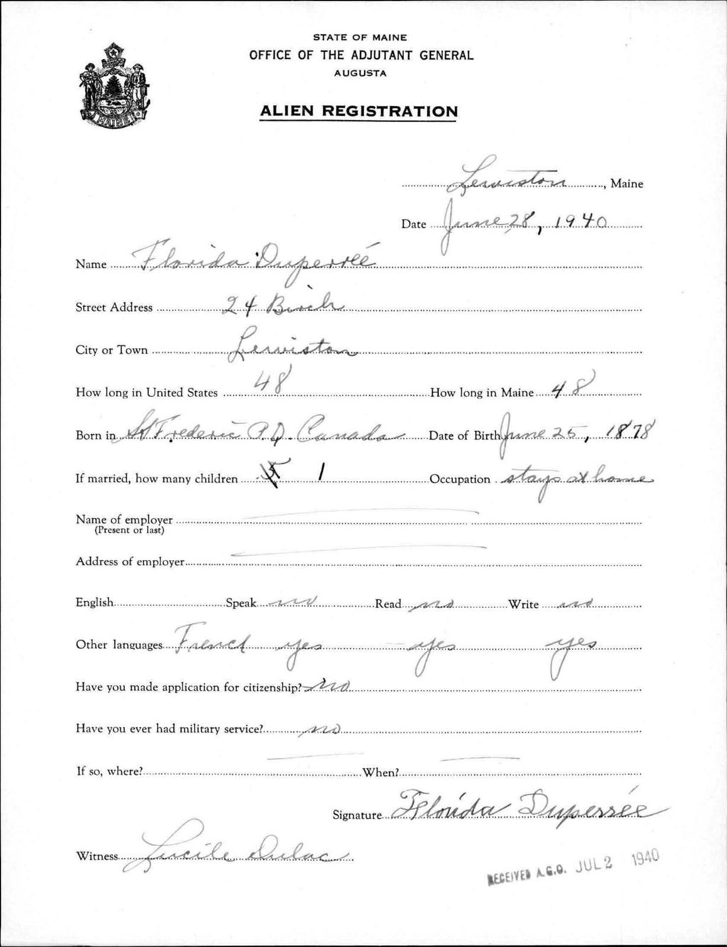 Miniature of Alien Registration- Duperree, Florida (Lewiston, Androscoggin County)