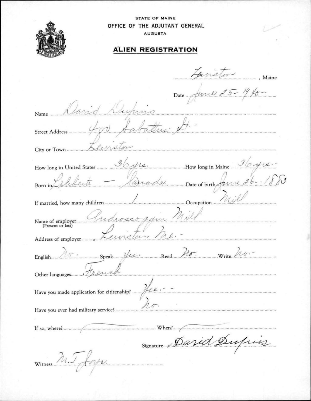 Miniature of Alien Registration- Dupuis, David (Lewiston, Androscoggin County)