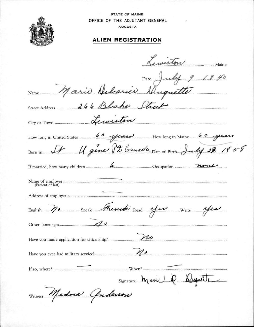 Miniature of Alien Registration- Delarier, Marie (Lewiston, Androscoggin County)