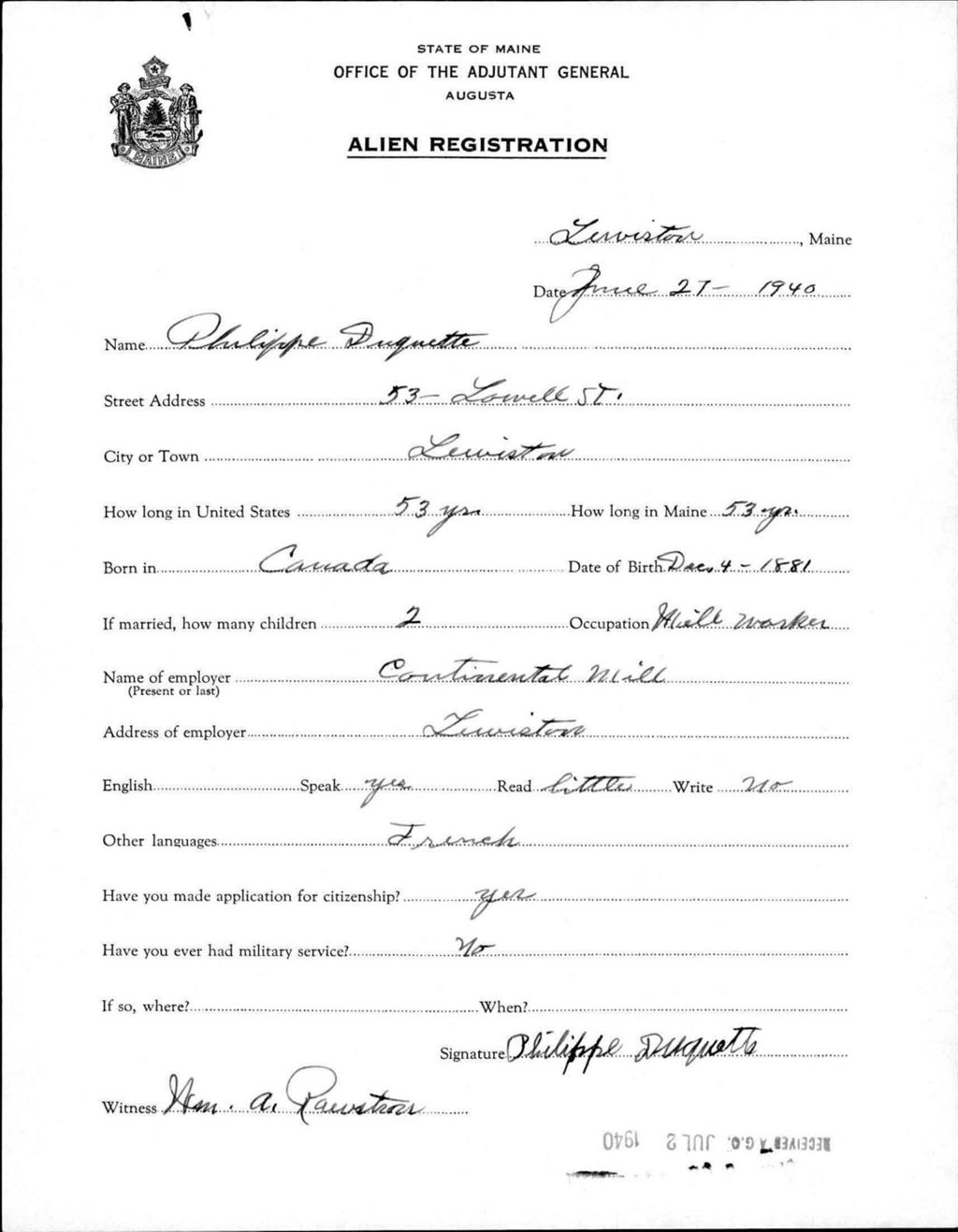 Miniature of Alien Registration- Duquette, Philippe (Lewiston, Androscoggin County)
