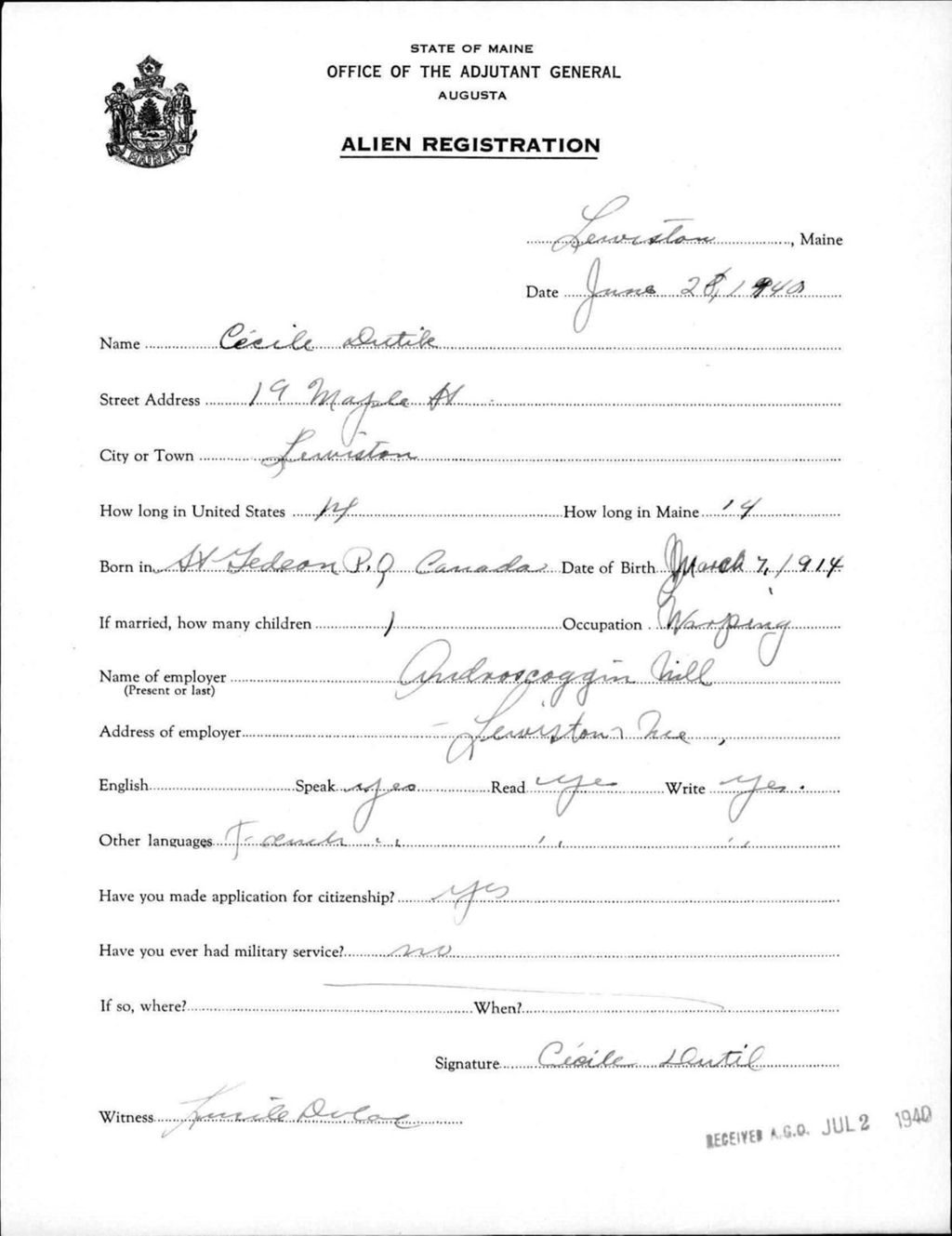 Miniature of Alien Registration- Dutik, Cecile (Lewiston, Androscoggin County)