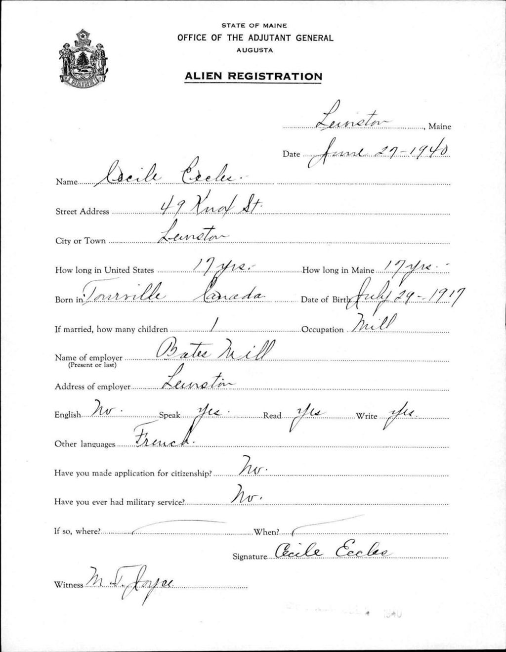 Miniature of Alien Registration- Eceles, Cecile (Lewiston, Androscoggin County)