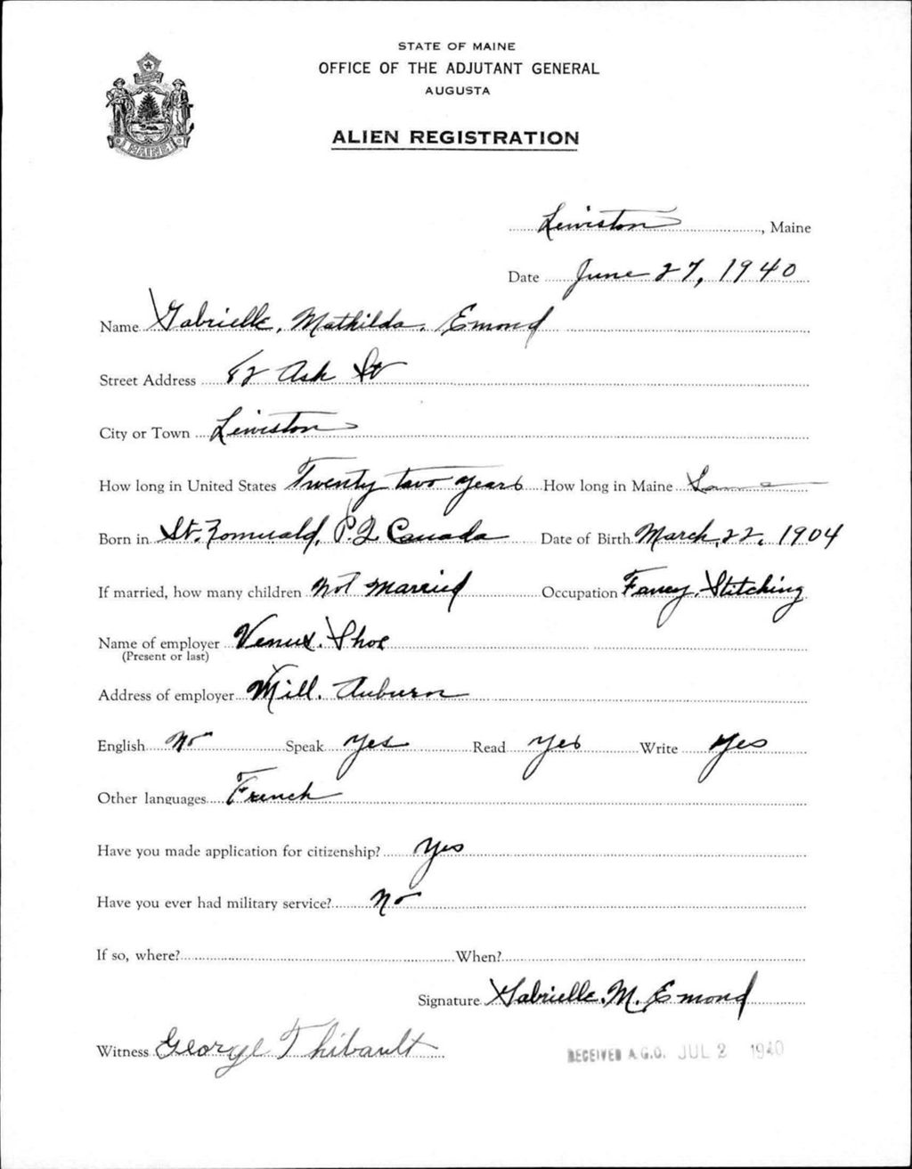 Miniature of Alien Registration- Emond, Gabrielle M. (Lewiston, Androscoggin County)