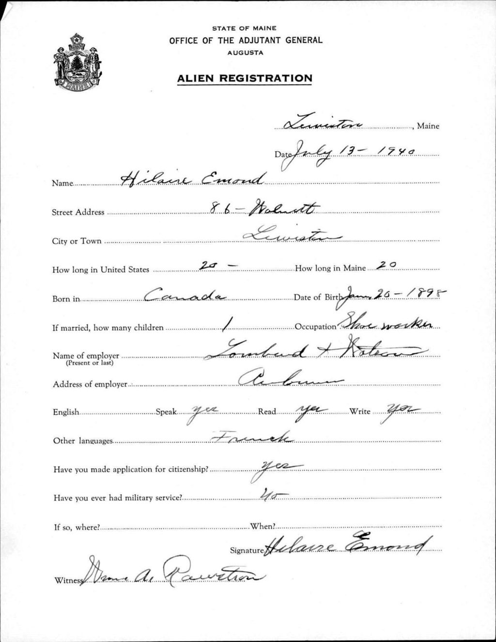 Miniature of Alien Registration- Emond, Hilaire (Lewiston, Androscoggin County)
