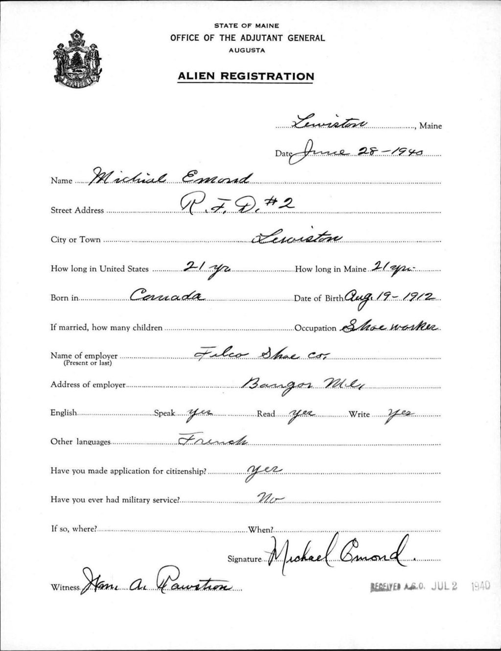 Miniature of Alien Registration- Emond, Michael (Lewiston, Androscoggin County)