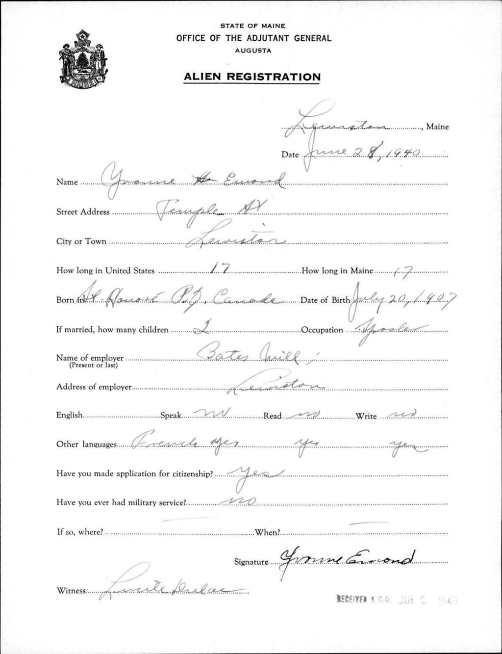 Miniature of Alien Registration- Emond, Yvonne (Lewiston, Androscoggin County)