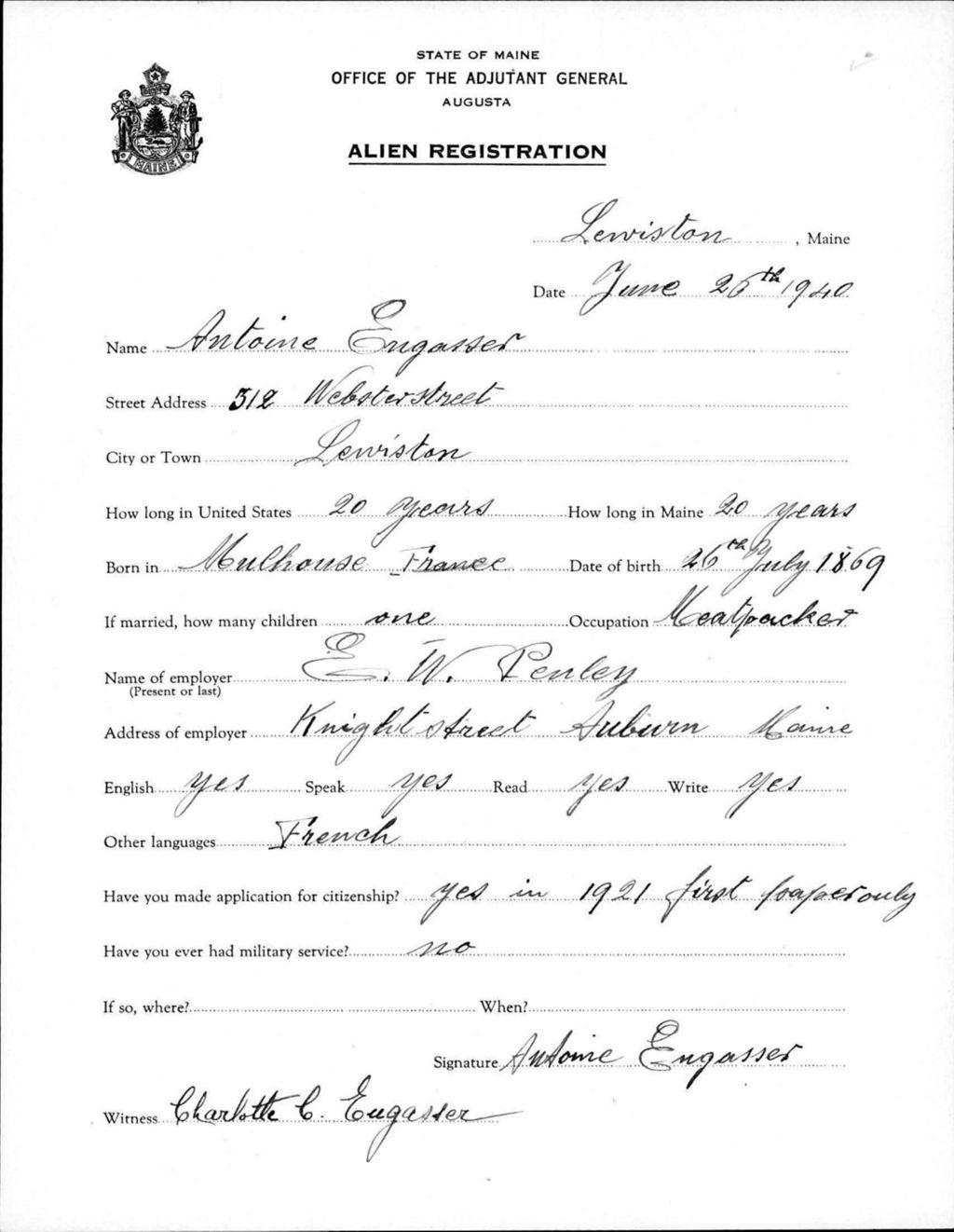 Miniature of Alien Registration- Engasser, Antoine (Lewiston, Androscoggin County)