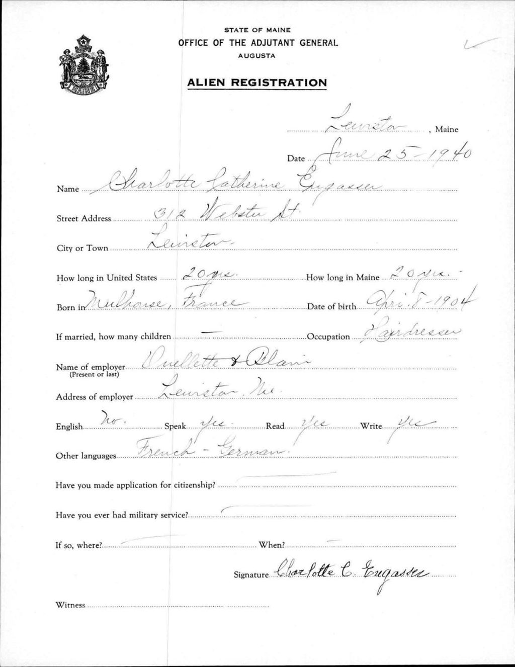 Miniature of Alien Registration- Engasser, Charlotte C. (Lewiston, Androscoggin County)