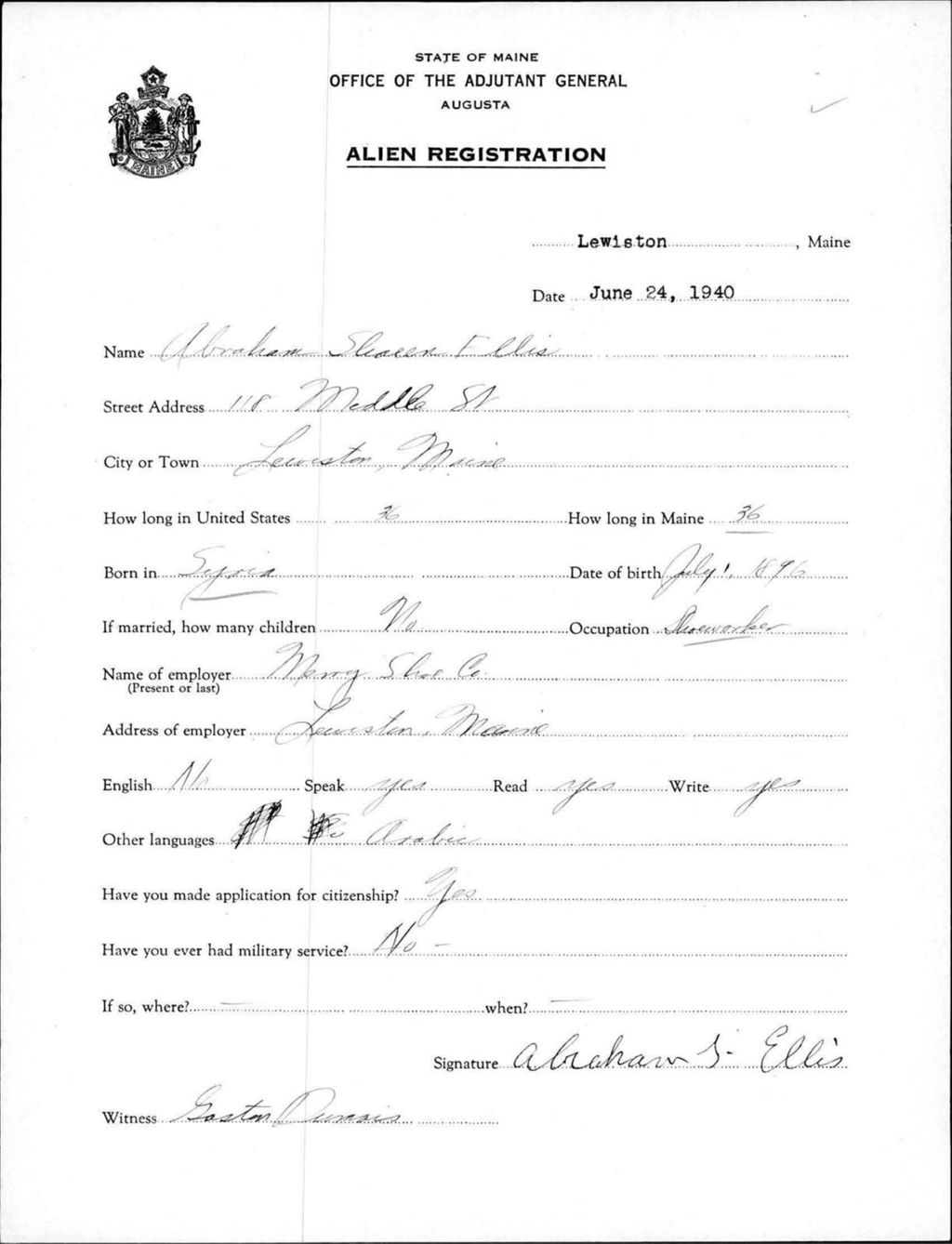 Miniature of Alien Registration- Ellis, Abraham S. (Lewiston, Androscoggin County)