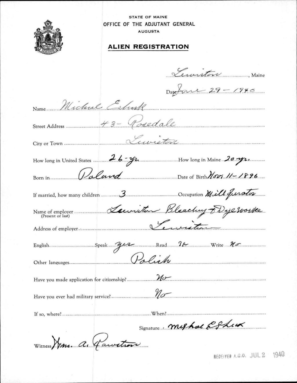 Miniature of Alien Registration- Eshuk, Micheal (Lewiston, Androscoggin County)