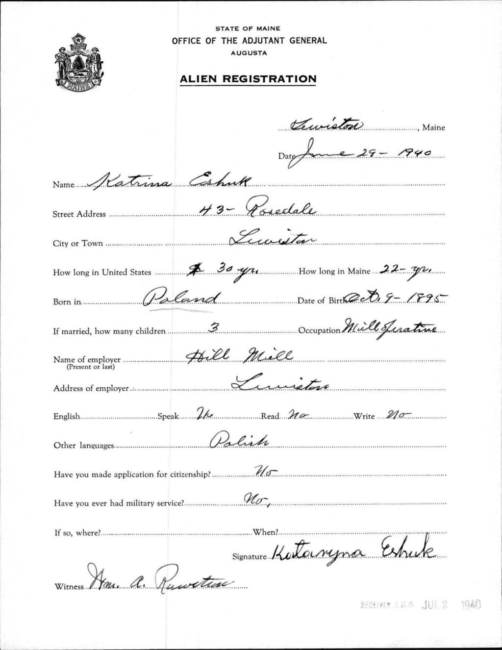 Miniature of Alien Registration- Eshuk, Katrina (Lewiston, Androscoggin County)