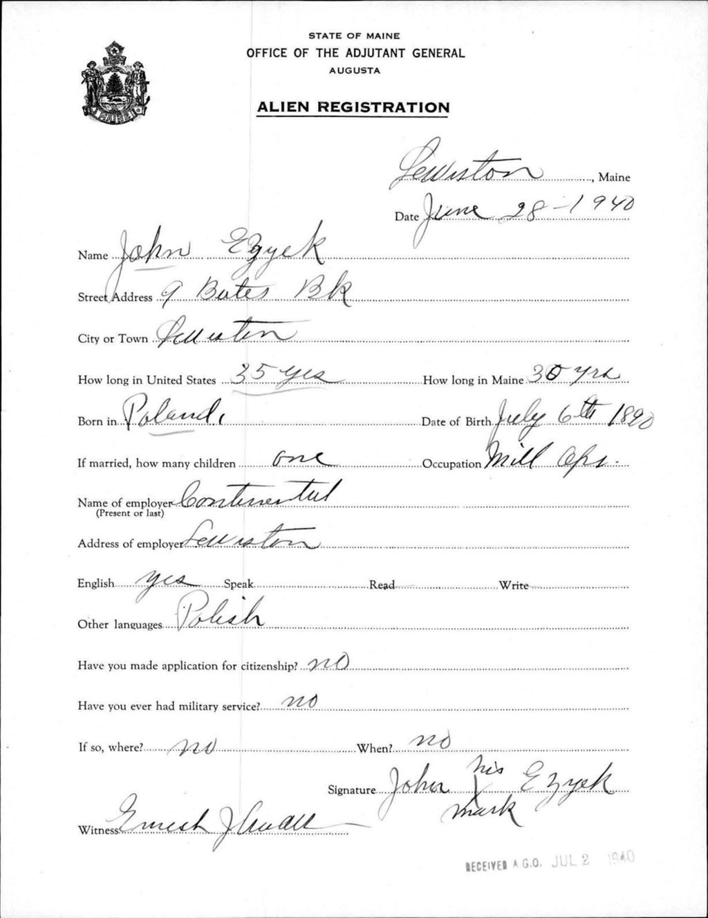 Miniature of Alien Registration- Ezyek, John (Lewiston, Androscoggin County)