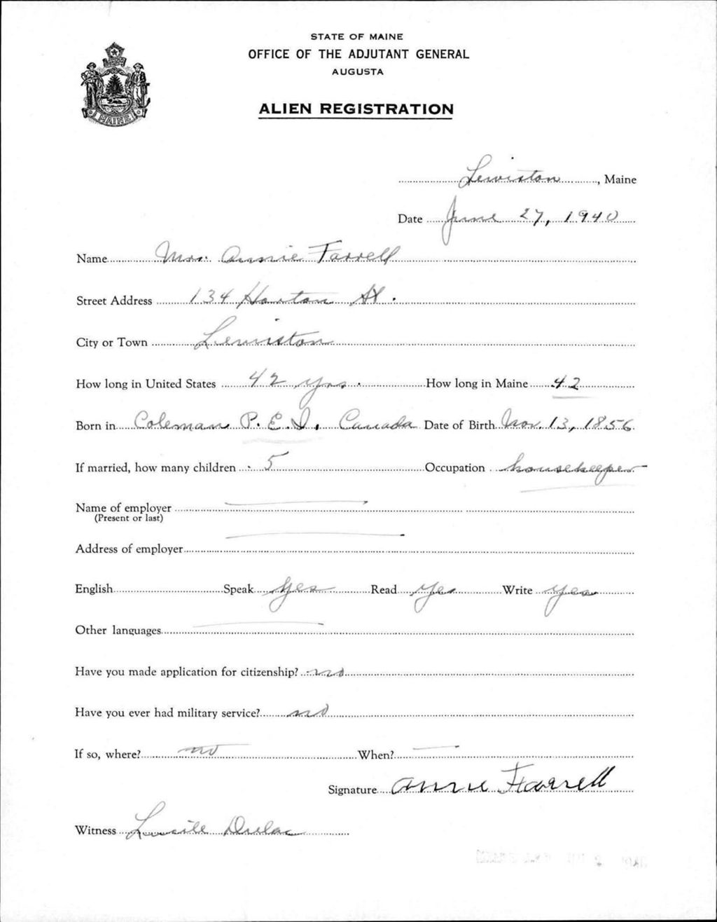 Miniature of Alien Registration- Farrell, Annie (Lewiston, Androscoggin County)