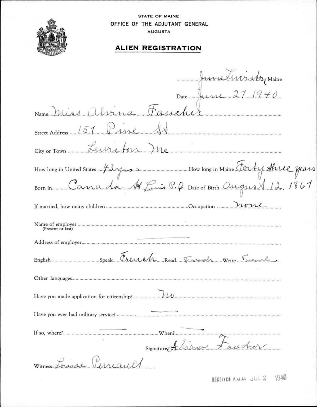 Miniature of Alien Registration- Faucher, Alvina (Lewiston, Androscoggin County)