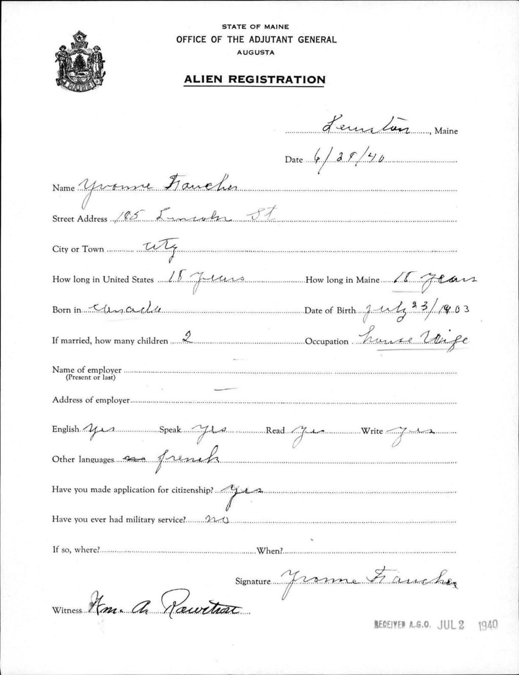 Miniature of Alien Registration- Faucher, Yvonne (Lewiston, Androscoggin County)
