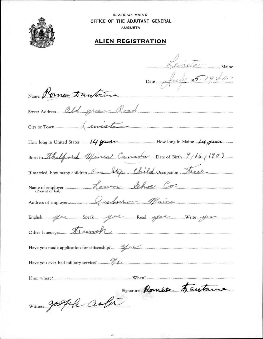 Miniature of Alien Registration- Fantaine, Romeo (Lewiston, Androscoggin County)