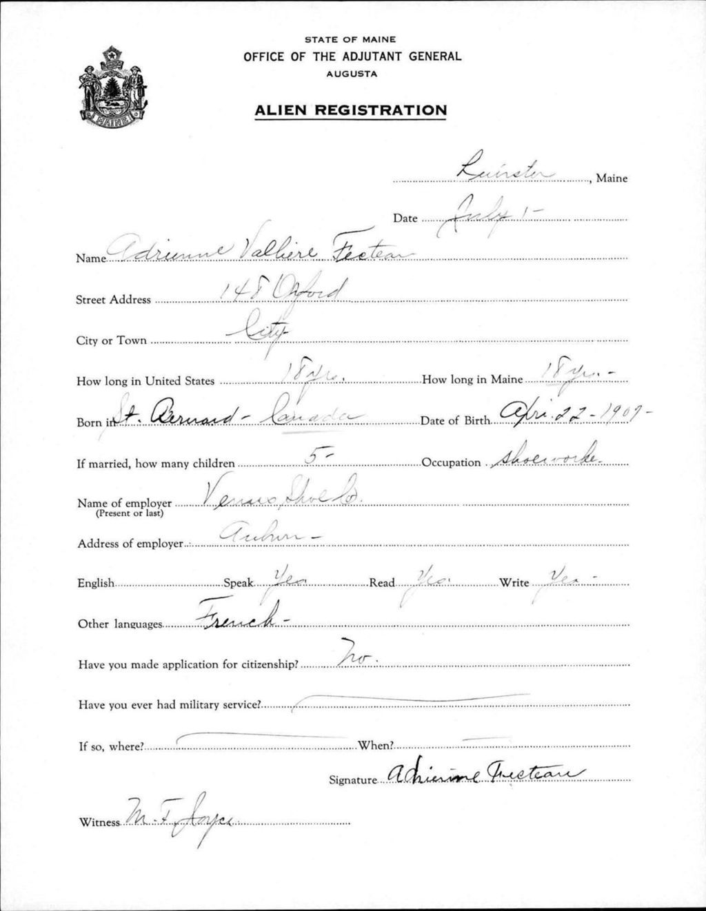 Miniature of Alien Registration- Fecteau, Adrienne V. (Lewiston, Androscoggin County)