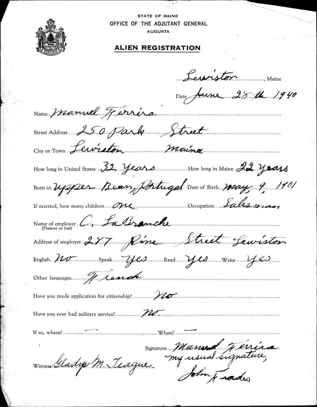 Miniature of Alien Registration- Ferrira, Manuel (Lewiston, Androscoggin County)