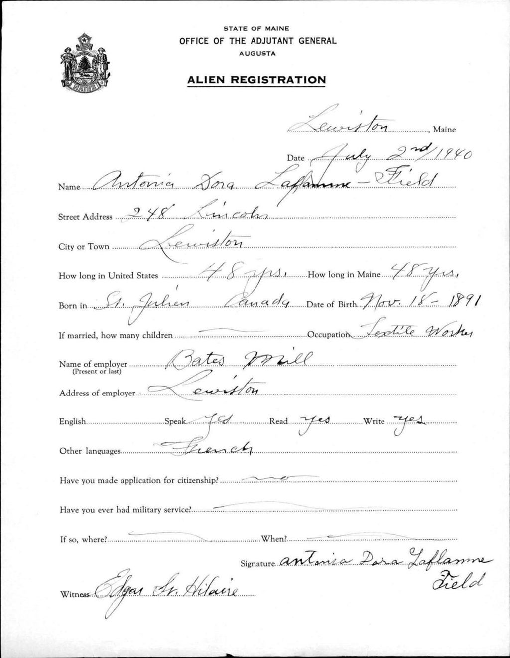 Miniature of Alien Registration- Laflamme, Antonia D. (Lewiston, Androscoggin County)