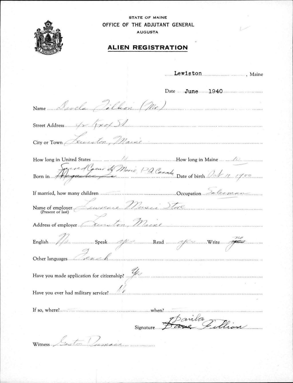 Miniature of Alien Registration- Fillion, Davela (Lewiston, Androscoggin County)