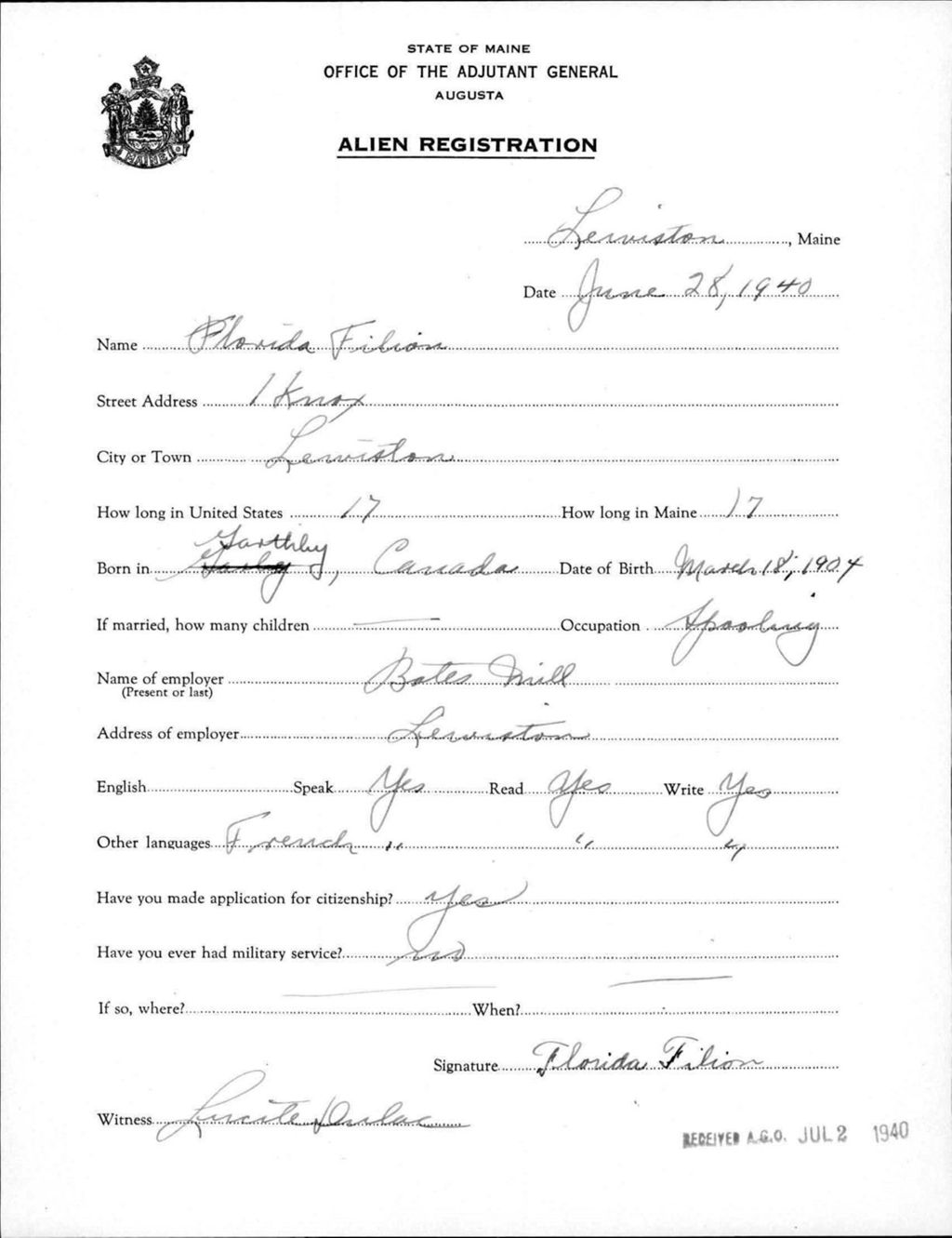 Miniature of Alien Registration- Filion, Florida (Lewiston, Androscoggin County)