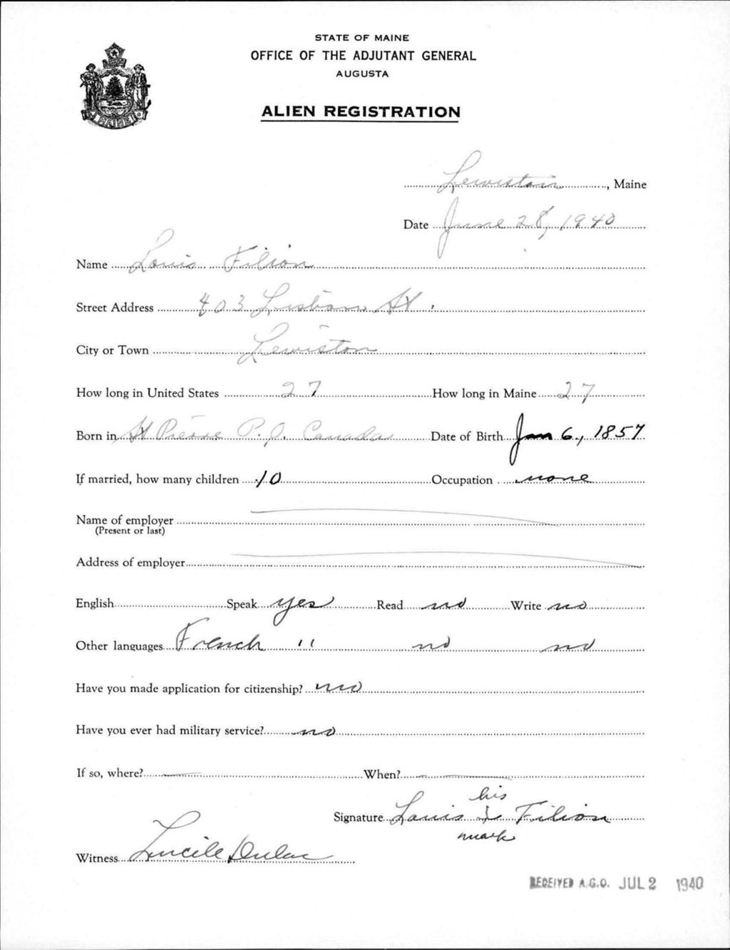 Miniature of Alien Registration- Filion, Louis (Lewiston, Androscoggin County)