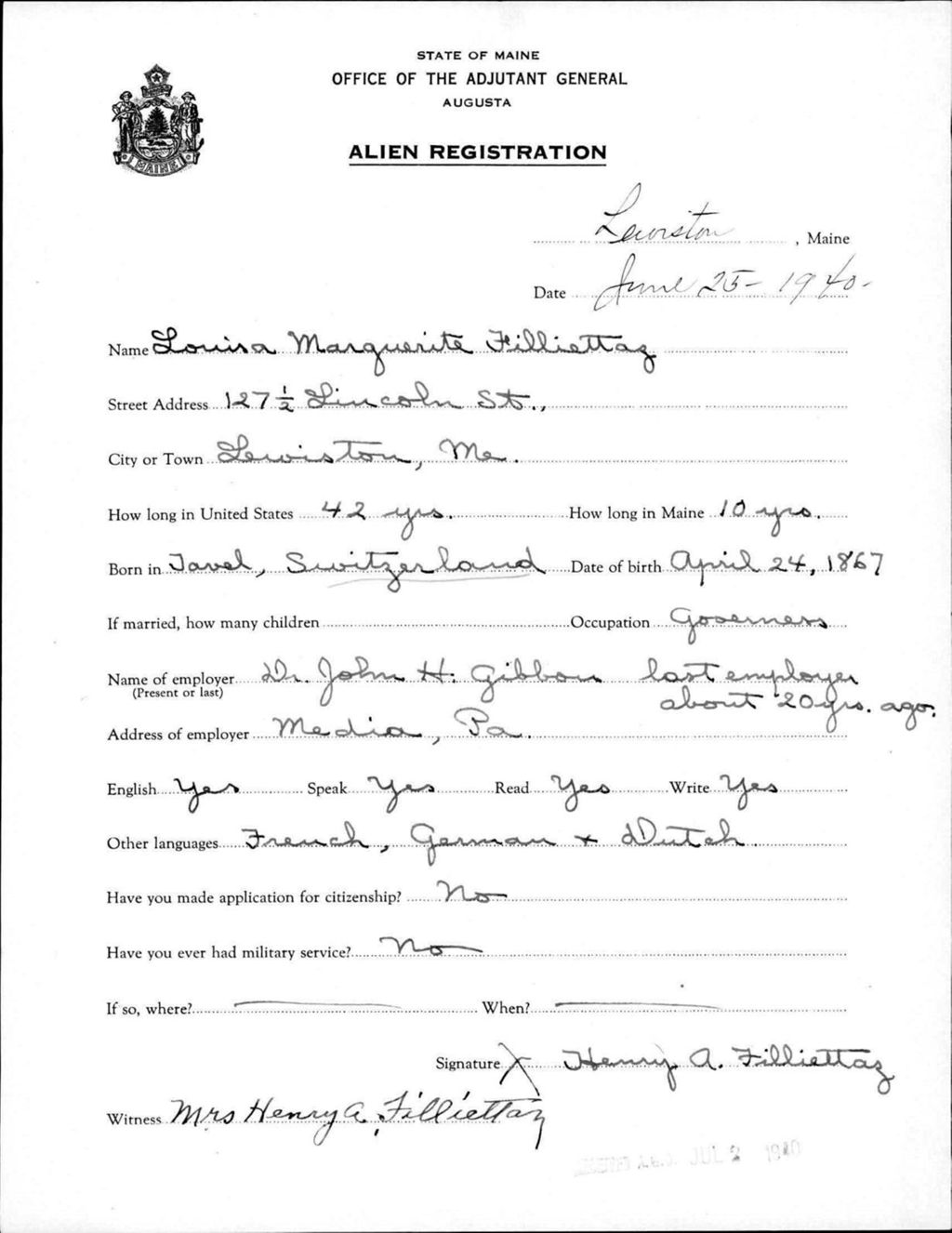 Miniature of Alien Registration- Filliettag, Louisa M. (Lewiston, Androscoggin County)