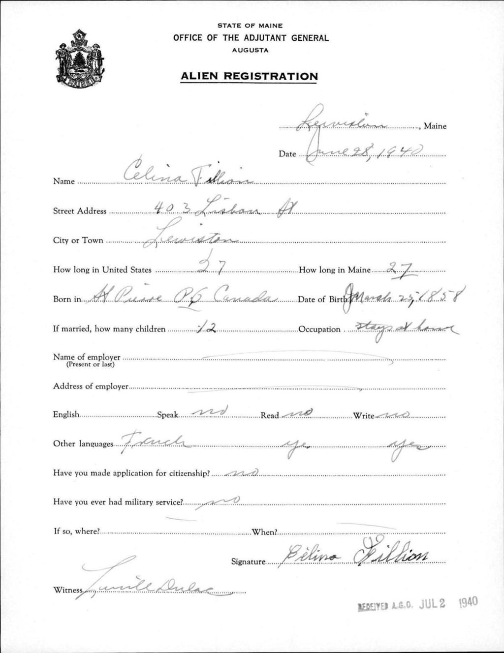 Miniature of Alien Registration- Fillion, Celina (Lewiston, Androscoggin County)