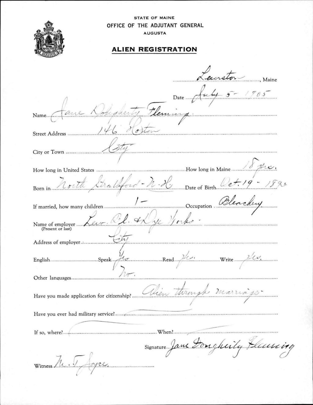 Miniature of Alien Registration- Dougherty, Jane (Lewiston, Androscoggin County)