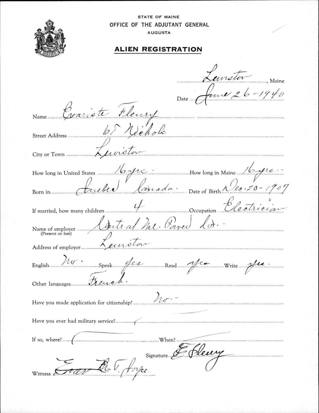 Miniature of Alien Registration- Fleury, Evarista (Lewiston, Androscoggin County)