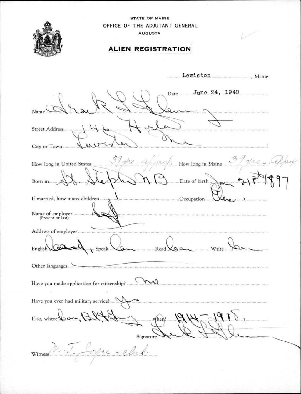 Miniature of Alien Registration- Flurey, Frank L. (Lewiston, Androscoggin County)
