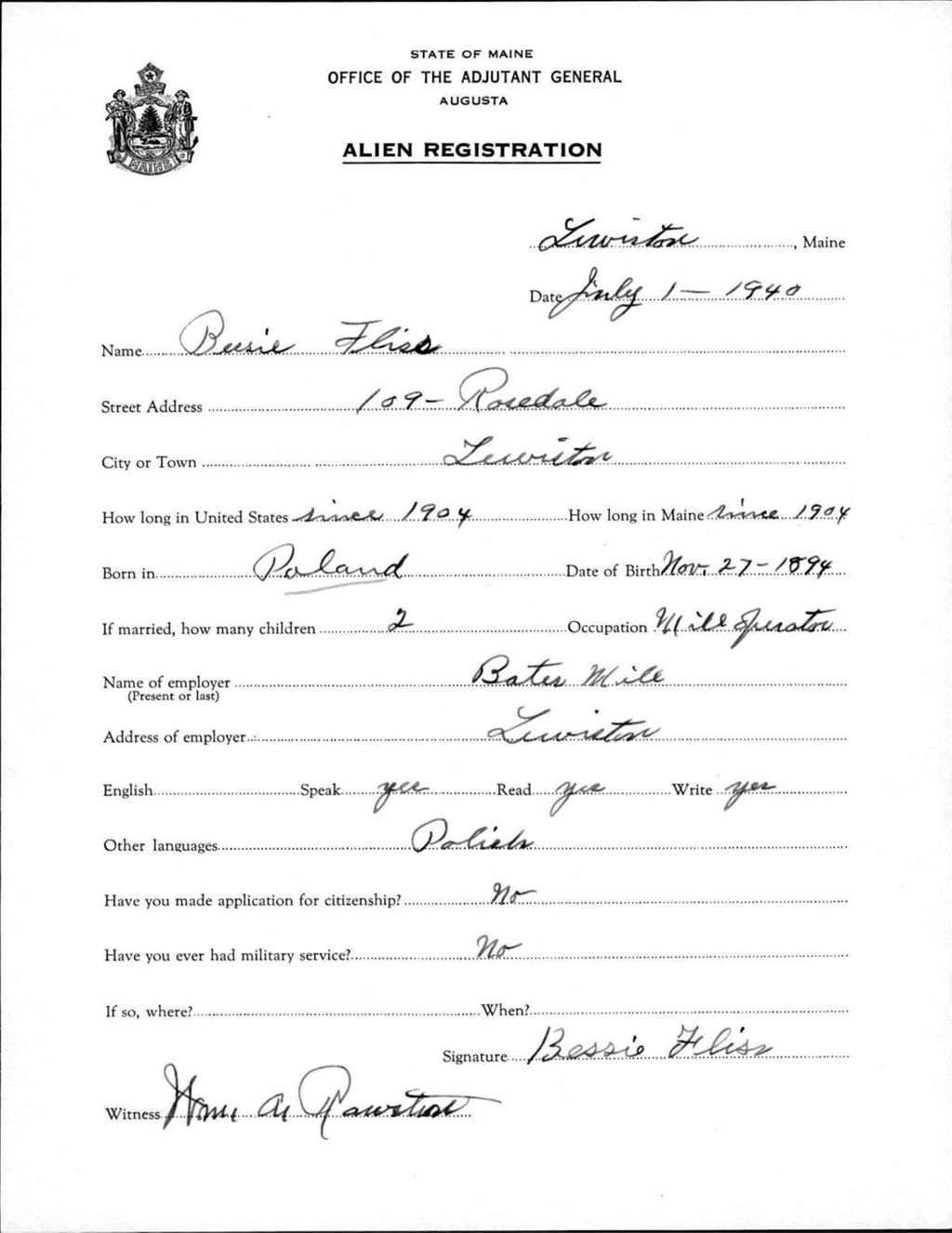 Miniature of Alien Registration- Fliss, Bessie (Lewiston, Androscoggin County)